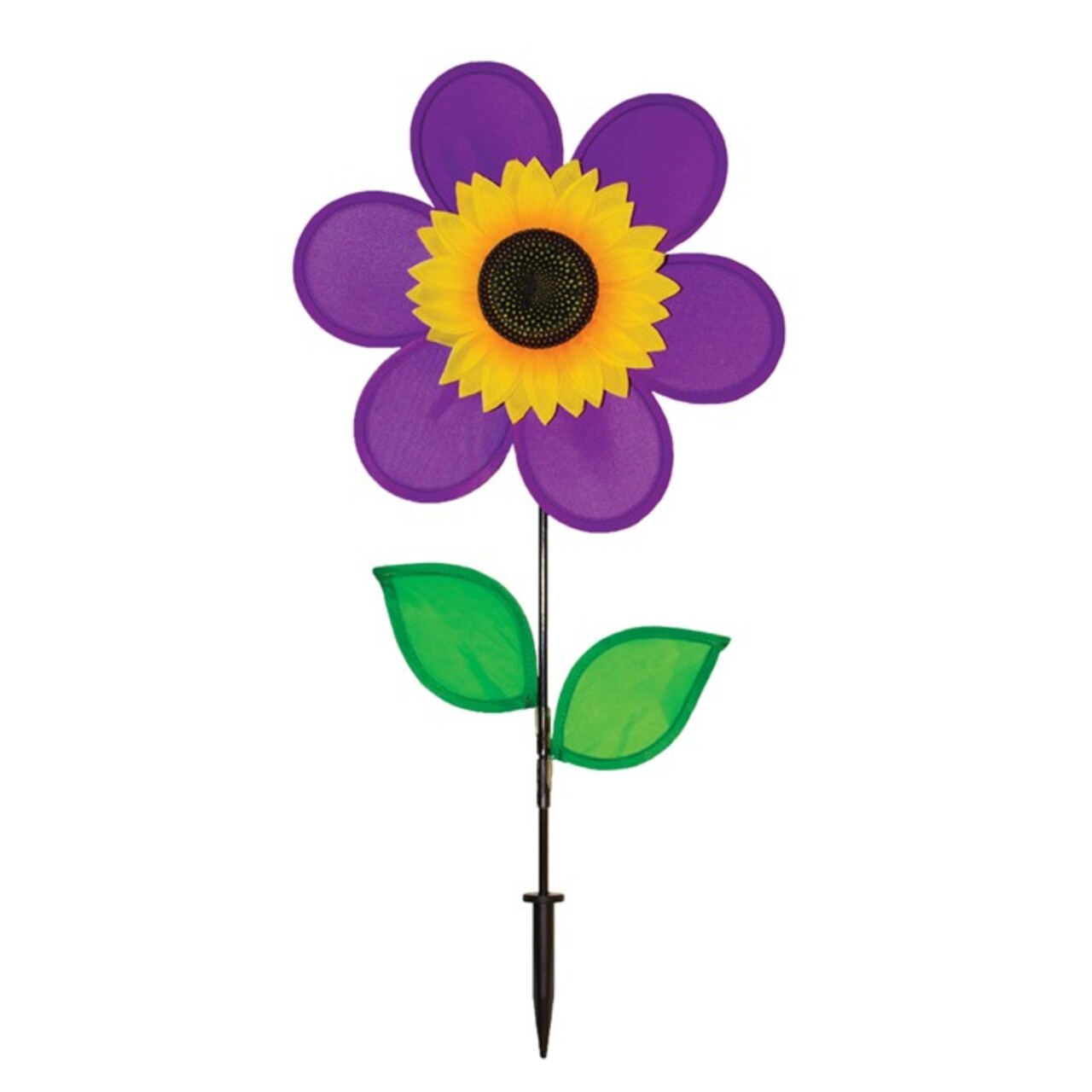 In the Breeze 12 Inch Purple Sunflower Wind Spinner with Leaves - Includes Ground Stake - Colorful Flower for your Yard and Garden